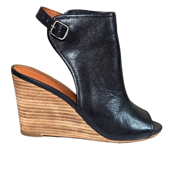 Lucky Brand Shoes - Lucky Brand 6M 'Risza' Black Leather Open Toe Wedge Sandals Slingback Buckle